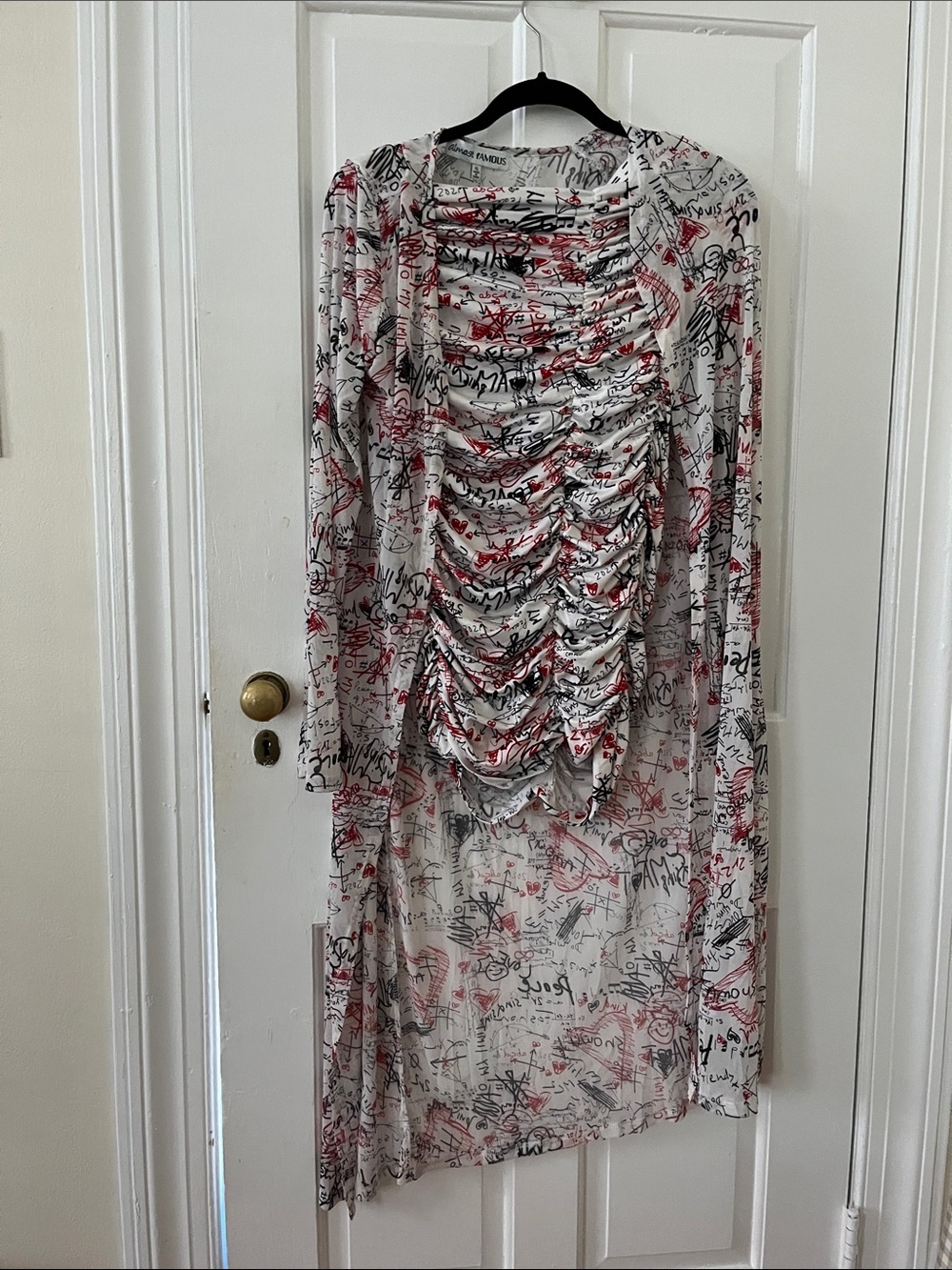 Almost Famous Ruched Script-Print Long Sleeve Cardigan and skirt set